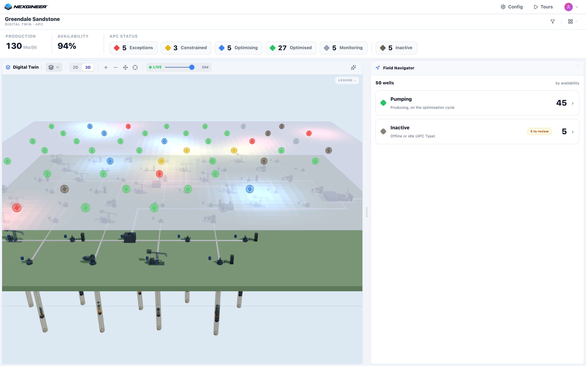 Nexgineer 3D digital twin of a 50-well field, wells coloured by status